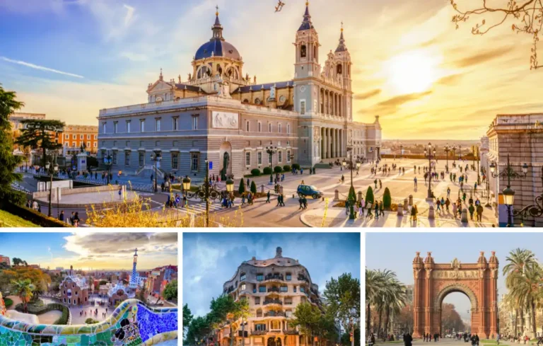 A collage of Spanish landmarks: a bustling square with a historic building at sunset, a colorful park, a unique architectural facade, and a grand archway lined with palm trees. Barcelona Places to Go in Madrid for Kids