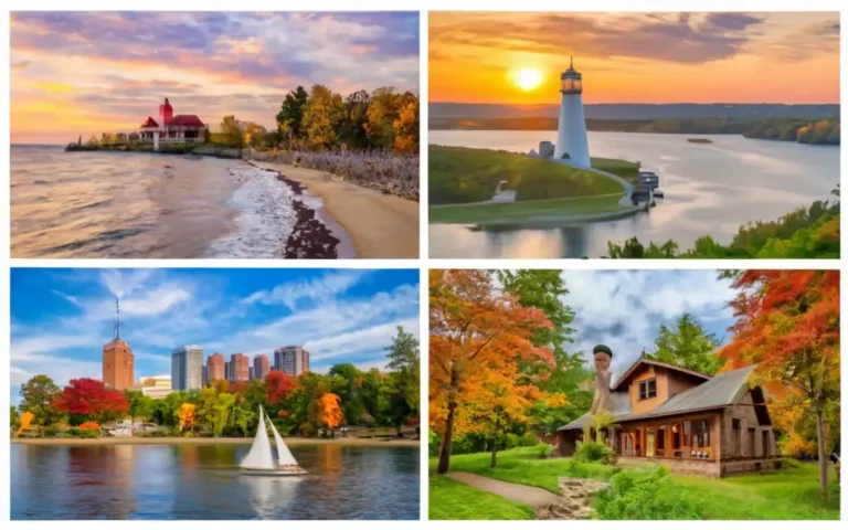 Four scenic landscapes: a beach at sunset with a red-roofed building, a lighthouse by a river at sunset, a sailboat on a lake with a city skyline, and a rustic cabin surrounded by colorful autumn trees.