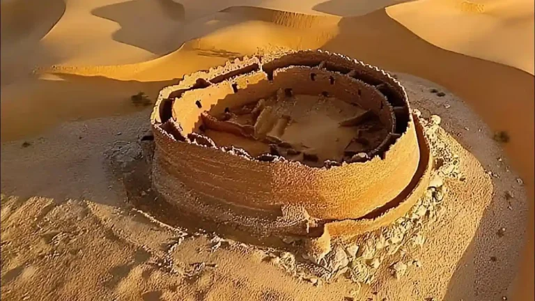Aerial view of a large, ancient circular structure made of stone in a desert. The building is partially ruined, with sandy dunes surrounding it. The warm hues of the sand contrast with the rugged texture of the stones.