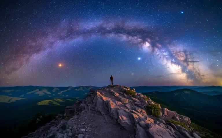 A person stands on a rocky mountain peak under a vibrant night sky. The Milky Way forms a luminous arc, and bright celestial objects are visible. The landscape below is a mix of dark valleys and shadowed hills.