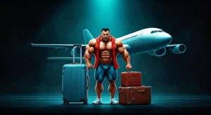 A muscular man stands confidently in front of a large airplane, holding two suitcases. One suitcase is blue and stands upright to his left, while the other two are stacked beside him. The scene is set against a dramatic, illuminated backdrop.