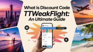 A colorful promotional image featuring the text What is Discount Code TTWeakFlight: An Ultimate Guide. A hand holds a smartphone displaying flight booking details. Background includes beach, cityscape, and airplane scenes with decorative elements.