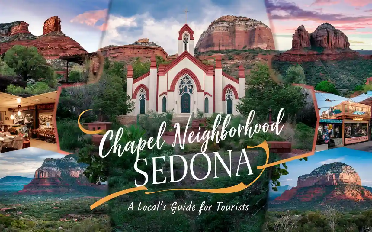 Chapel Neighborhood Sedona: A Local's Guide For Tourists 1 Collage featuring Sedona’s red rock formations, historic chapel, local shops, restaurants, and scenic views, with text: “Chapel Neighborhood Sedona: A Local’s Guide for Tourists.”.