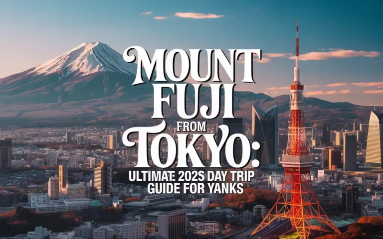 A scenic view of Tokyo with Tokyo Tower in the foreground and Mount Fuji in the background at sunset. Text over the image reads: Mount Fuji from Tokyo: Ultimate 2025 Day Trip Guide for Yanks.