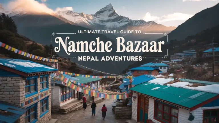 Scenic village with colorful houses, prayer flags, and people walking, set against snow-capped Himalayan mountains at sunrise. Text reads: Ultimate Travel Guide to Namche Bazaar Nepal Adventures.