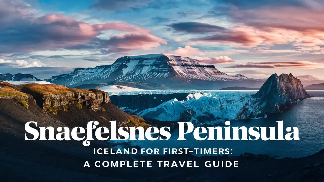 Snaefellsnes Peninsula Iceland for First-Timers: A Complete Travel Guide 1 Snow-capped mountains, cliffs, and a glacier under a colorful sky at Snaefelsnes Peninsula, Iceland, with the text: “Snaefelsnes Peninsula: Iceland for First-Timers—A Complete Travel Guide.”.