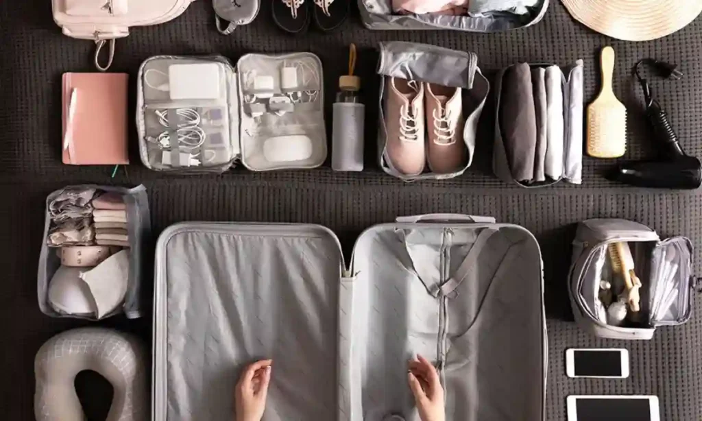 Saint Jean Pied de Port: The Ultimate Travel Guide 14 A person’s hands prepare to pack an empty suitcase on a dark surface, surrounded by neatly organized travel items including shoes, clothes, gadgets, chargers, toiletries, and accessories.