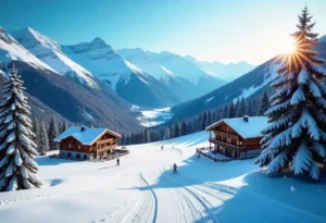 Two wooden cabins sit on a snowy slope surrounded by pine trees, with skiers gliding on the snow. Majestic, snow-covered mountains rise in the background under a clear blue sky with the sun shining.