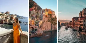 Three images: a woman in an orange dress overlooks a coastal town, colorful buildings perched on a cliff above the sea, and a canal lined with buildings and boats at sunset.