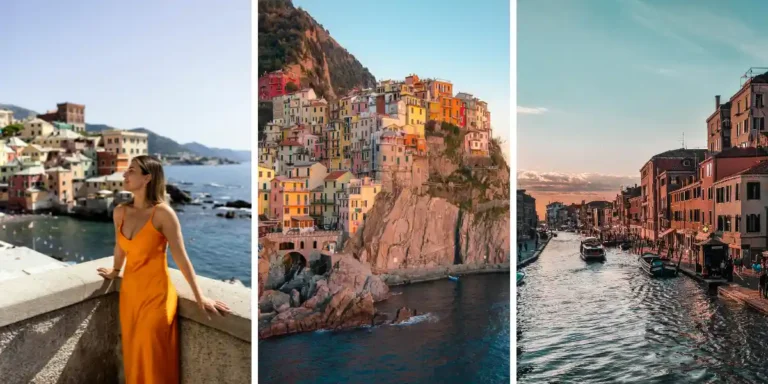 Three images: a woman in an orange dress overlooks a coastal town, colorful buildings perched on a cliff above the sea, and a canal lined with buildings and boats at sunset.