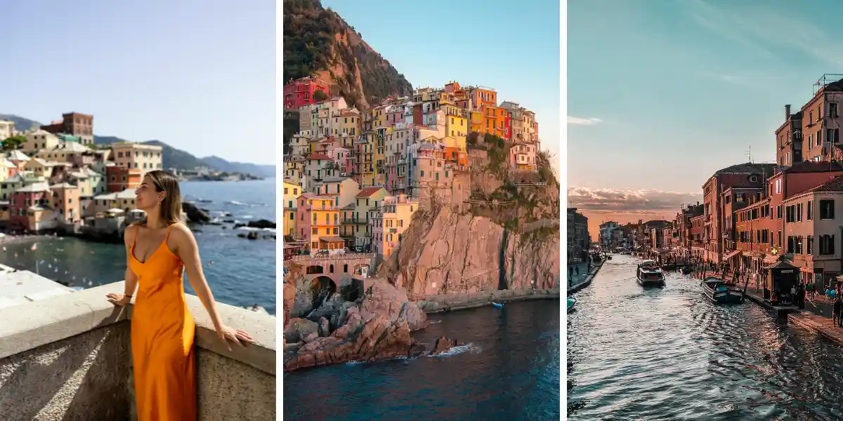 Three images: a woman in an orange dress overlooks a coastal town, colorful buildings perched on a cliff above the sea, and a canal lined with buildings and boats at sunset.