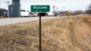 A green road sign reads Monowi 1 beside a rural road, with dry grass in the foreground and a few buildings, an American flag, and traffic signs visible in the background.