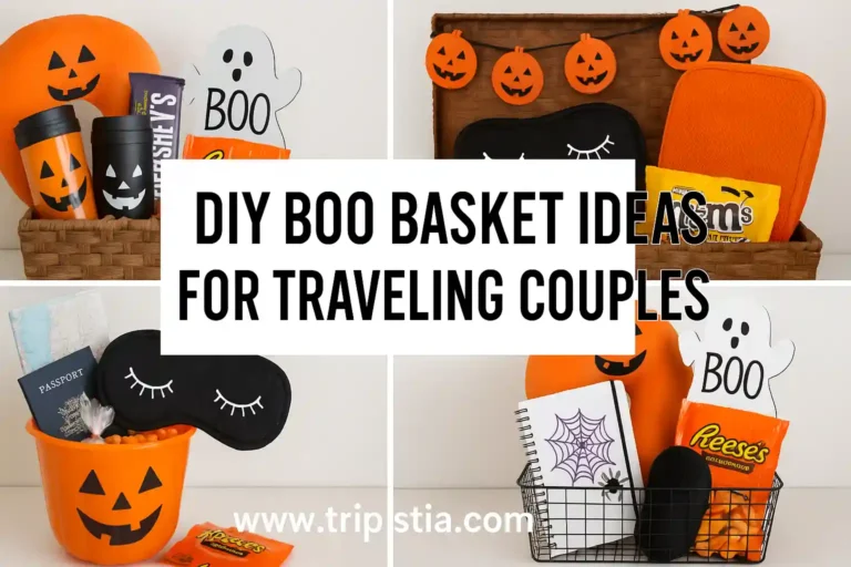 15 DIY Boo Basket Ideas for Traveling Couples (2025 Edition) 2 Collage of Halloween-themed gift baskets with snacks, travel items, and decorations. Text overlay reads: DIY Boo Basket Ideas for Traveling Couples. Website URL www.tripstia.com appears at the bottom.