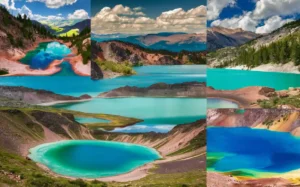 A collage of vibrant turquoise lakes surrounded by mountains, green hills, and partly cloudy skies, showcasing diverse and colorful natural landscapes in various scenic outdoor settings.