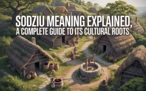 A rustic village scene with wooden houses, thatched roofs, a central stone well, and people walking around; large text overlays the image: “Sodziu Meaning Explained, A Complete Guide to Its Cultural Roots.”.