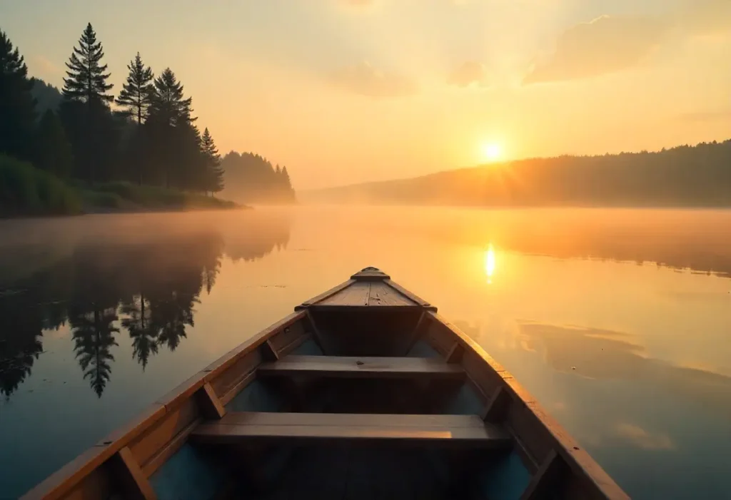 A wooden boat floats on a calm lake at sunrise, with mist rising from the water, pine trees on the shore, and the golden sun casting a warm glow over the peaceful landscape.