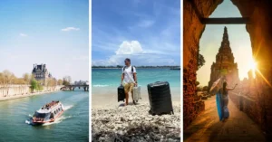A collage of three travel scenes: a riverboat in front of a historic building, a man with suitcases on a tropical beach, and a person exploring ancient ruins at sunset.