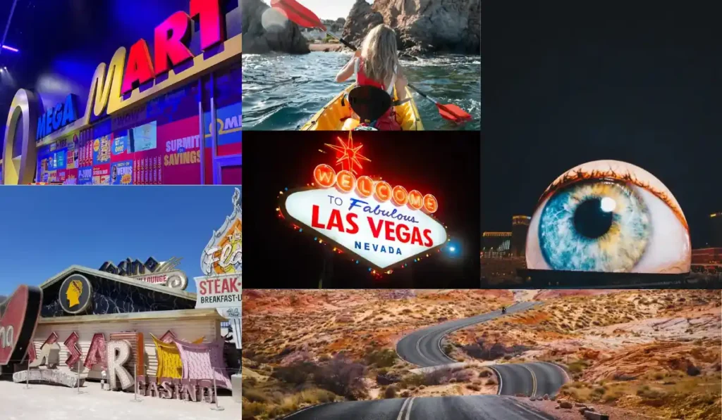 10 Jaw-Dropping Vegas Experiences to Level Up Your Trip Itinerary 1 A collage featuring the Las Vegas sign, neon lights, a woman kayaking, a giant blue eye, a curvy desert road, vintage signs, and colorful imagery representing diverse Las Vegas attractions.